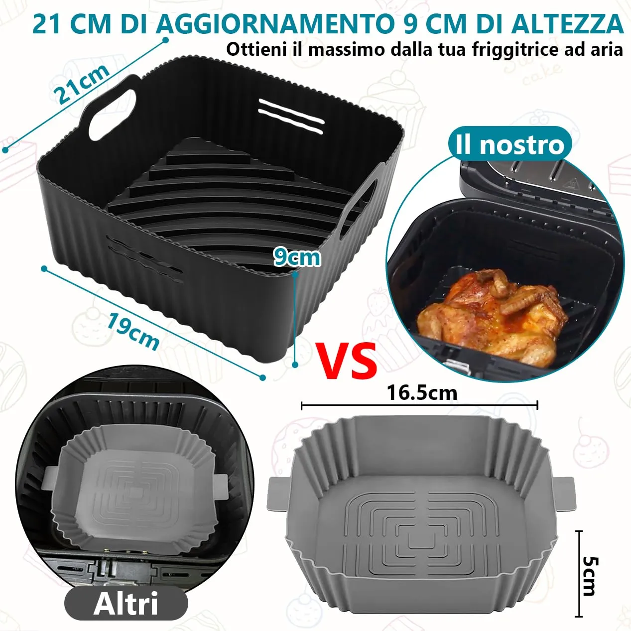 21CM Accessori Friggitrice ad Aria in Silicone, 2PCS Quadrata Teglie Cestino per Friggitrice ad Aria per COSORI 5,5L 4,7L, Riuti