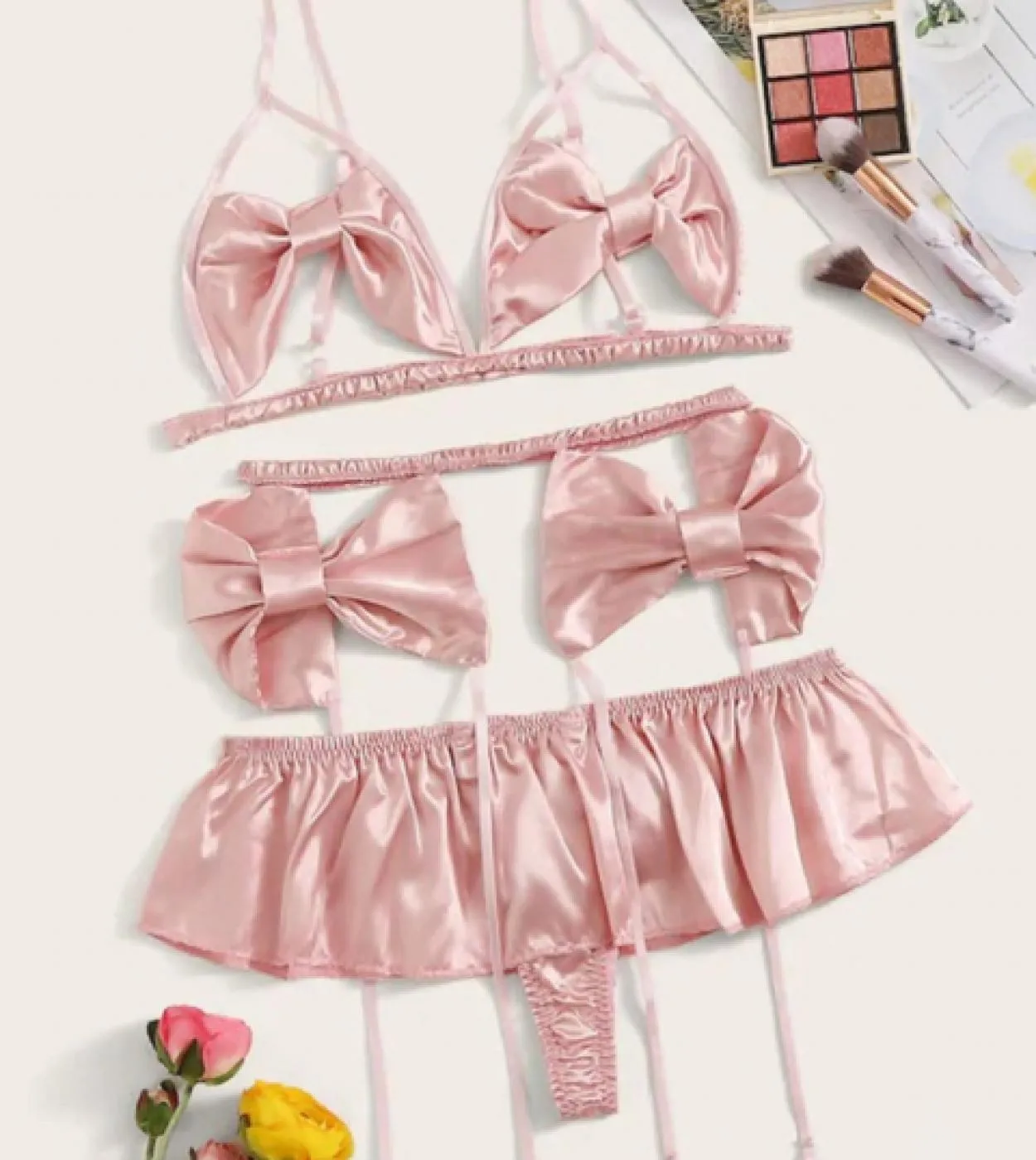 Abbigliamento donna Reggiseno con fiocco rosa G String Giarrettiera Set di biancheria Abiti esotici Porno Intimo per adulti Flir