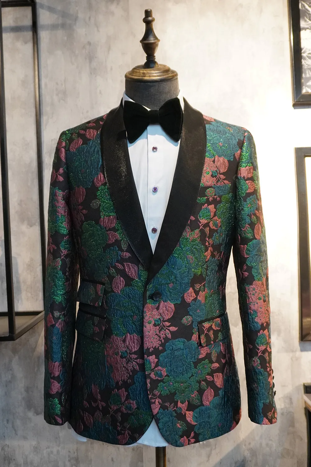 Blazer da uomo jacquard con risvolto sciallato verde