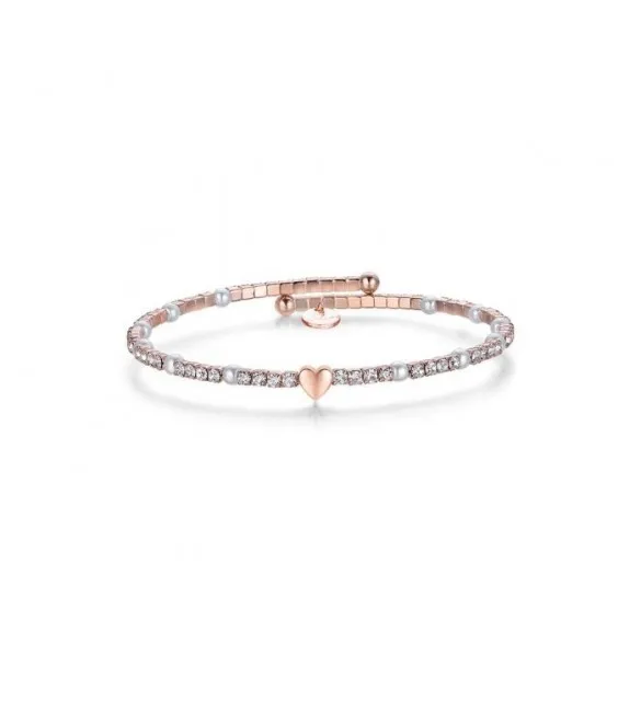 Bracciale Donna Gioielli Luca Barra rigido Cuore pvd oro rosa, cristalli e perle bianche bk1862