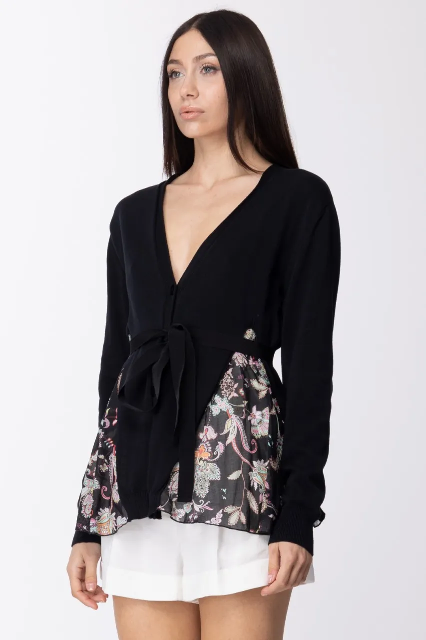 Cardigan in maglia con inserti stampati e fusciacca BIC NERO/ST FIORE INDIANO NERO