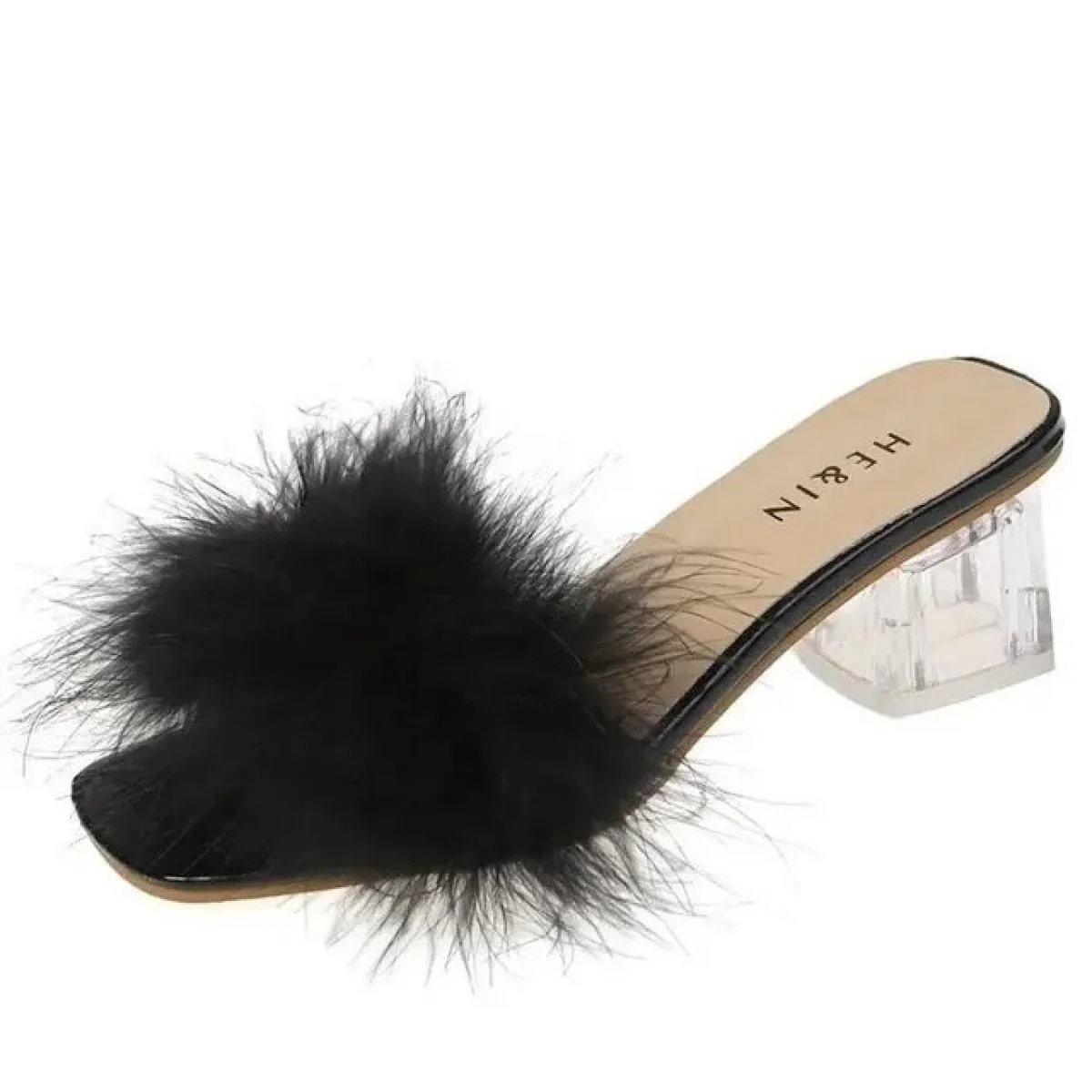 Ciabatte Sandalo Donna Estate Outdoor Pantofole Moda Punta quadrata Tacchi alti Office Ladies Piuma Diapositive Chic Classics Fu