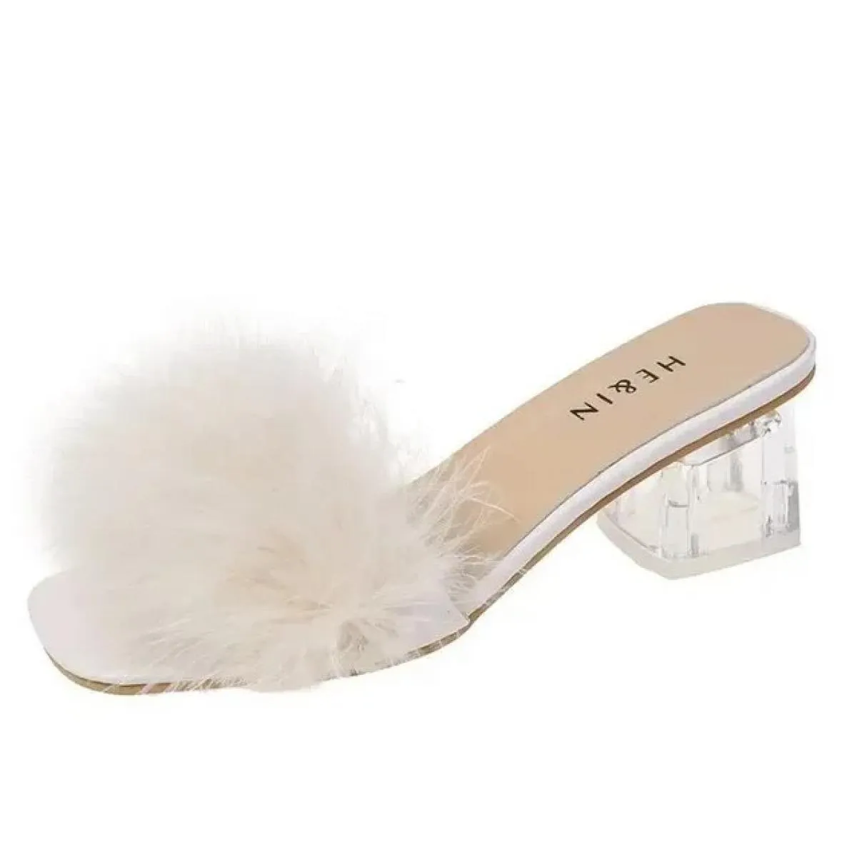 Ciabatte Sandalo Donna Estate Outdoor Pantofole Moda Punta quadrata Tacchi alti Office Ladies Piuma Diapositive Chic Classics Fu
