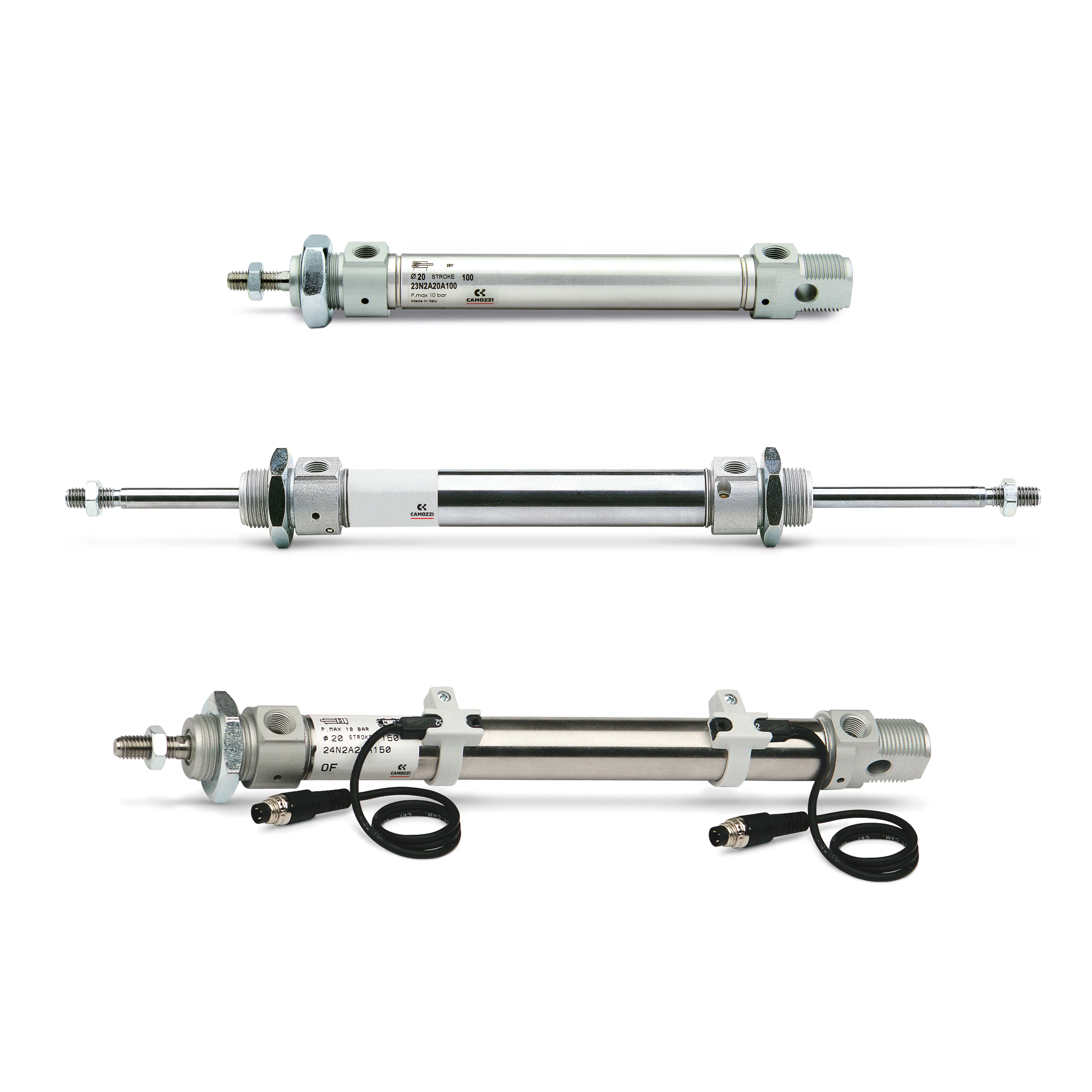 Cilindro pneumatico a stelo Camozzi 24 24N2A25A200, Doppio effetto, foro da 25mm, corsa 200mm