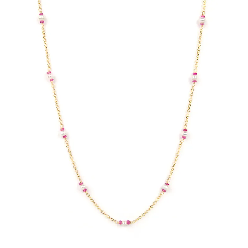 Collana lunga in oro giallo con rubino e perle alternate