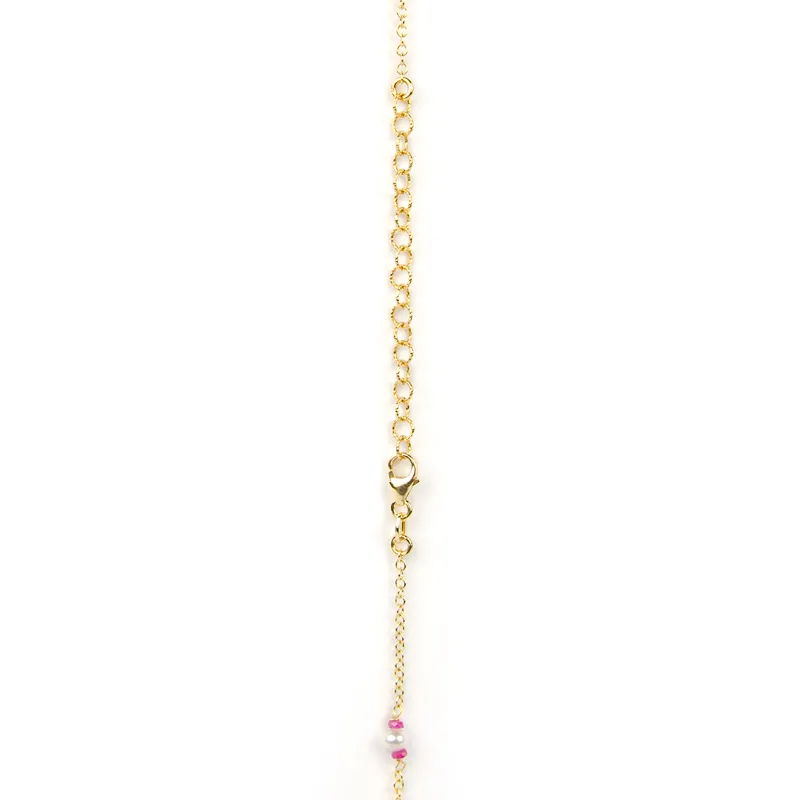 Collana lunga in oro giallo con rubino e perle alternate