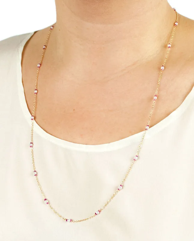 Collana lunga in oro giallo con rubino e perle alternate
