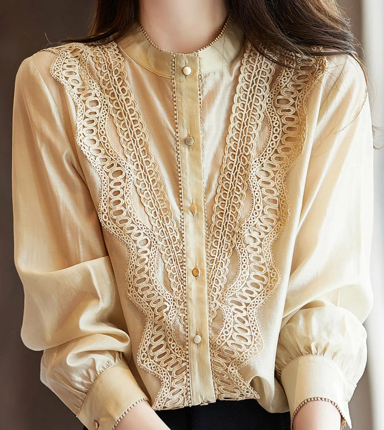 Colletto alla moda Elegante camicetta di pizzo albicocca Maglie a maniche lunghe autunnali Camicia primaverile Top semplici Abit