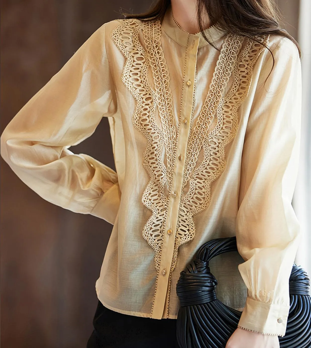 Colletto alla moda Elegante camicetta di pizzo albicocca Maglie a maniche lunghe autunnali Camicia primaverile Top semplici Abit