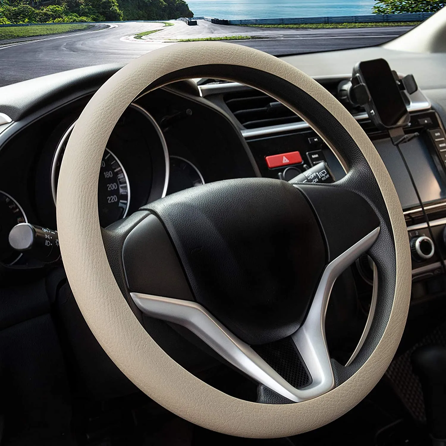 Coprivolante elegante in morbido silicone 35-38cm antiscivolo, decorazione per il volante dell’auto (Beige)