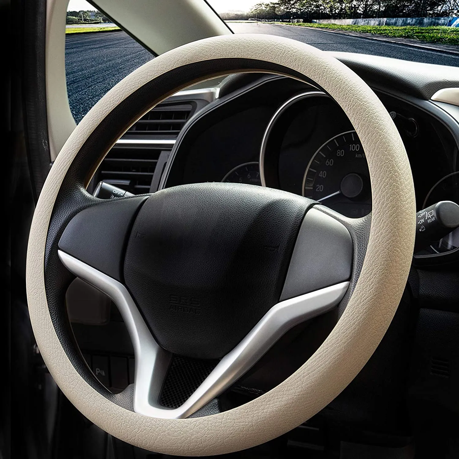 Coprivolante elegante in morbido silicone 35-38cm antiscivolo, decorazione per il volante dell’auto (Beige)