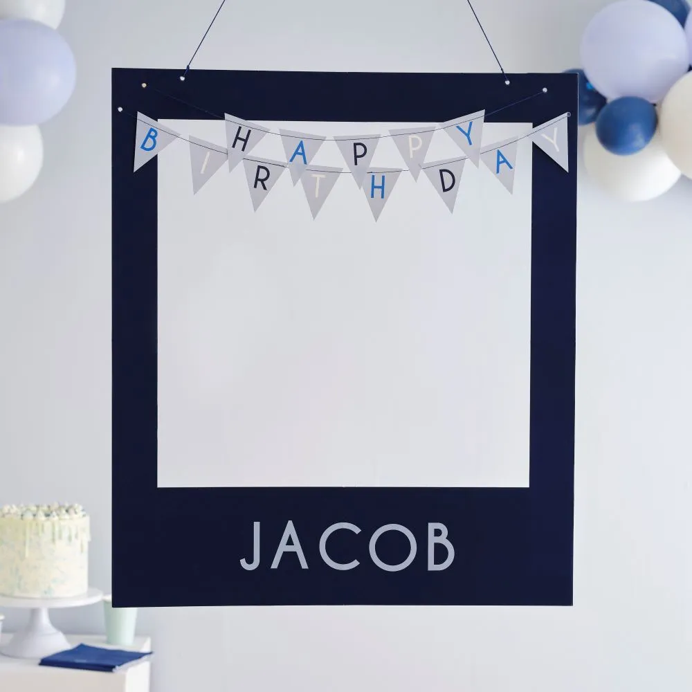 Cornice portafoto Happy Birthday blu con palloncini