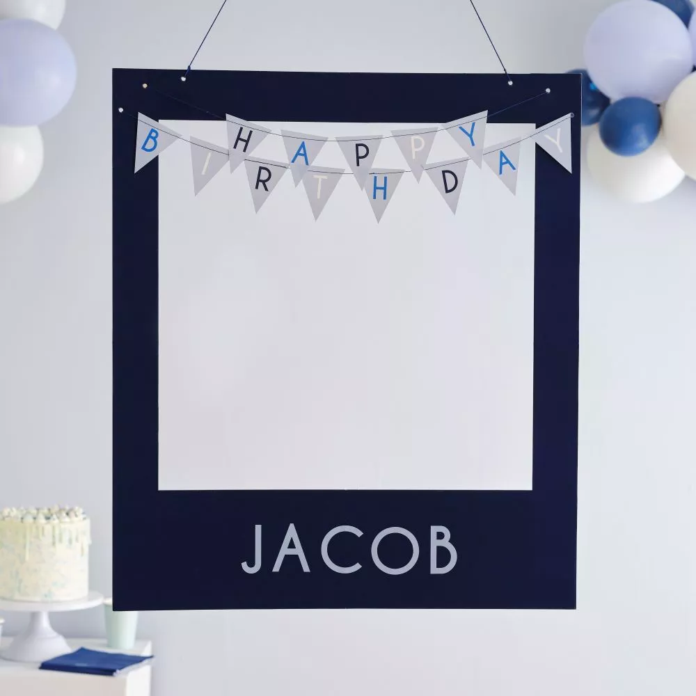 Cornice portafoto Happy Birthday blu con palloncini