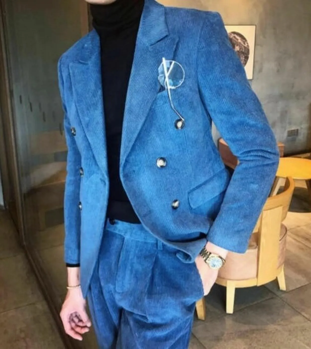 Costume Homme Velluto a coste blu Abiti da uomo Abiti slim fit Doppiopetto Blazer da sposo Cena di nozze Prom Party Tuxedo Coa