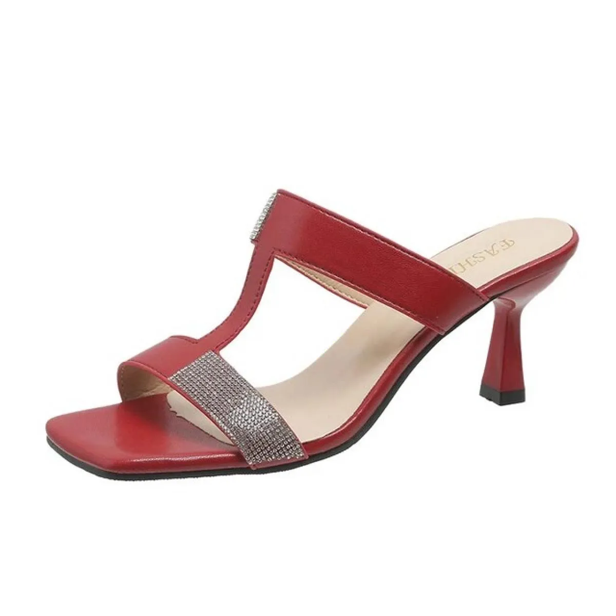 Designer Rosso Femminile Scivolo di Lusso di Cristallo Lucido Tacco Alto Comodo Tacco Grosso Vestito Pantofole da Donna di Moda