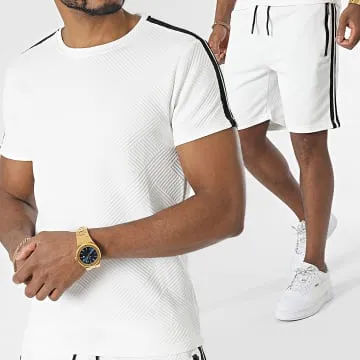 E389 Set di maglietta a righe bianche e pantaloncini da jogging
