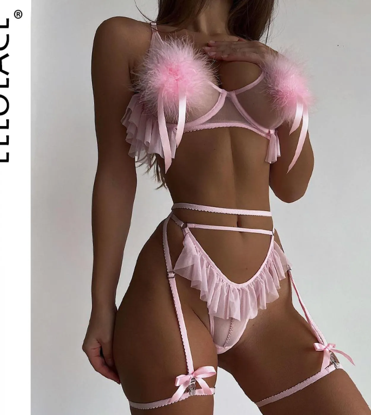 Ellolace Piuma Lingerie Rosa Chiaro Ruffle Perizoma Hollow Sissy Completi Senza Cuciture Set Donna 3 Pezzi Fata Intimo Br