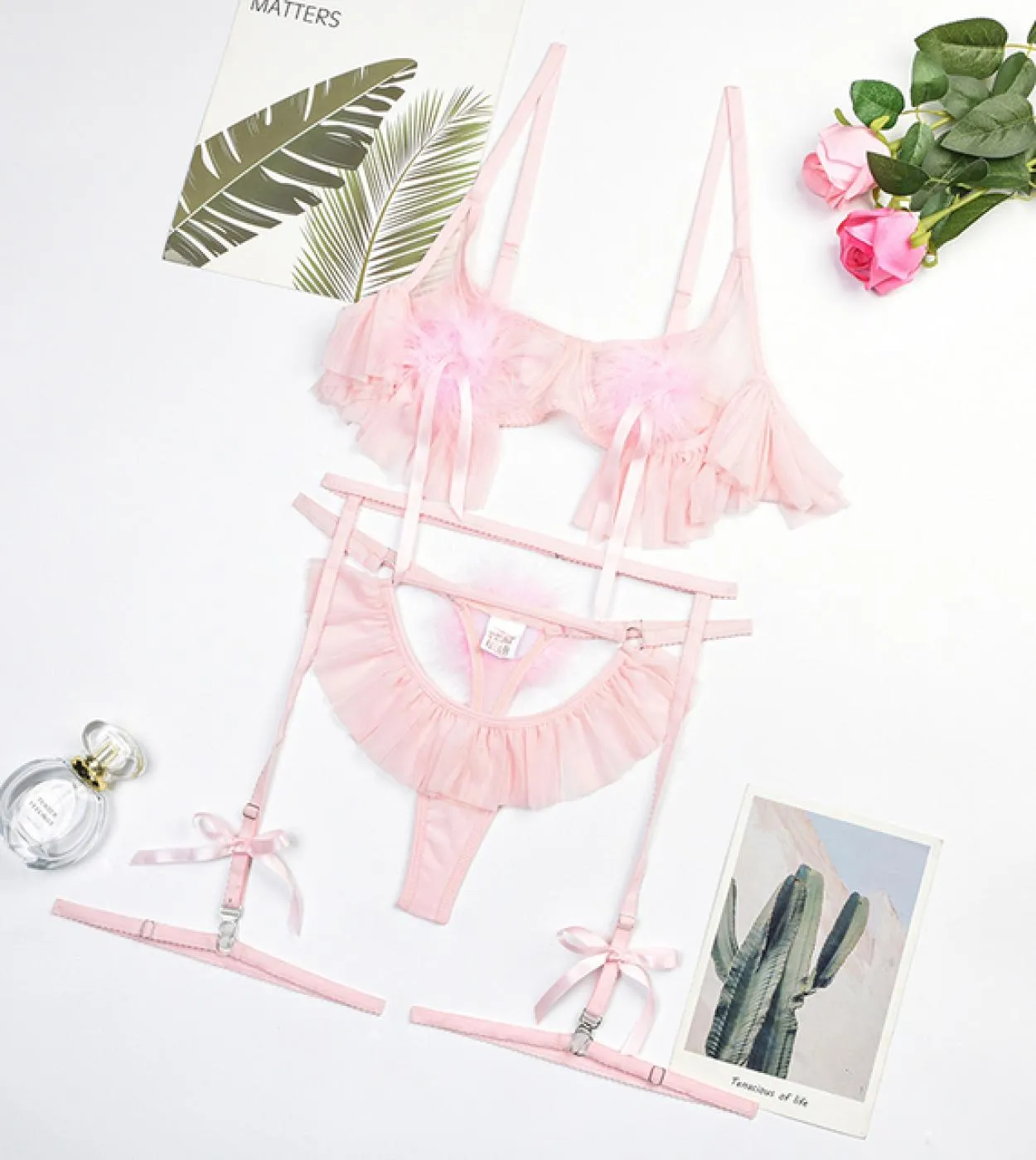 Ellolace Piuma Lingerie Rosa Chiaro Ruffle Perizoma Hollow Sissy Completi Senza Cuciture Set Donna 3 Pezzi Fata Intimo Br