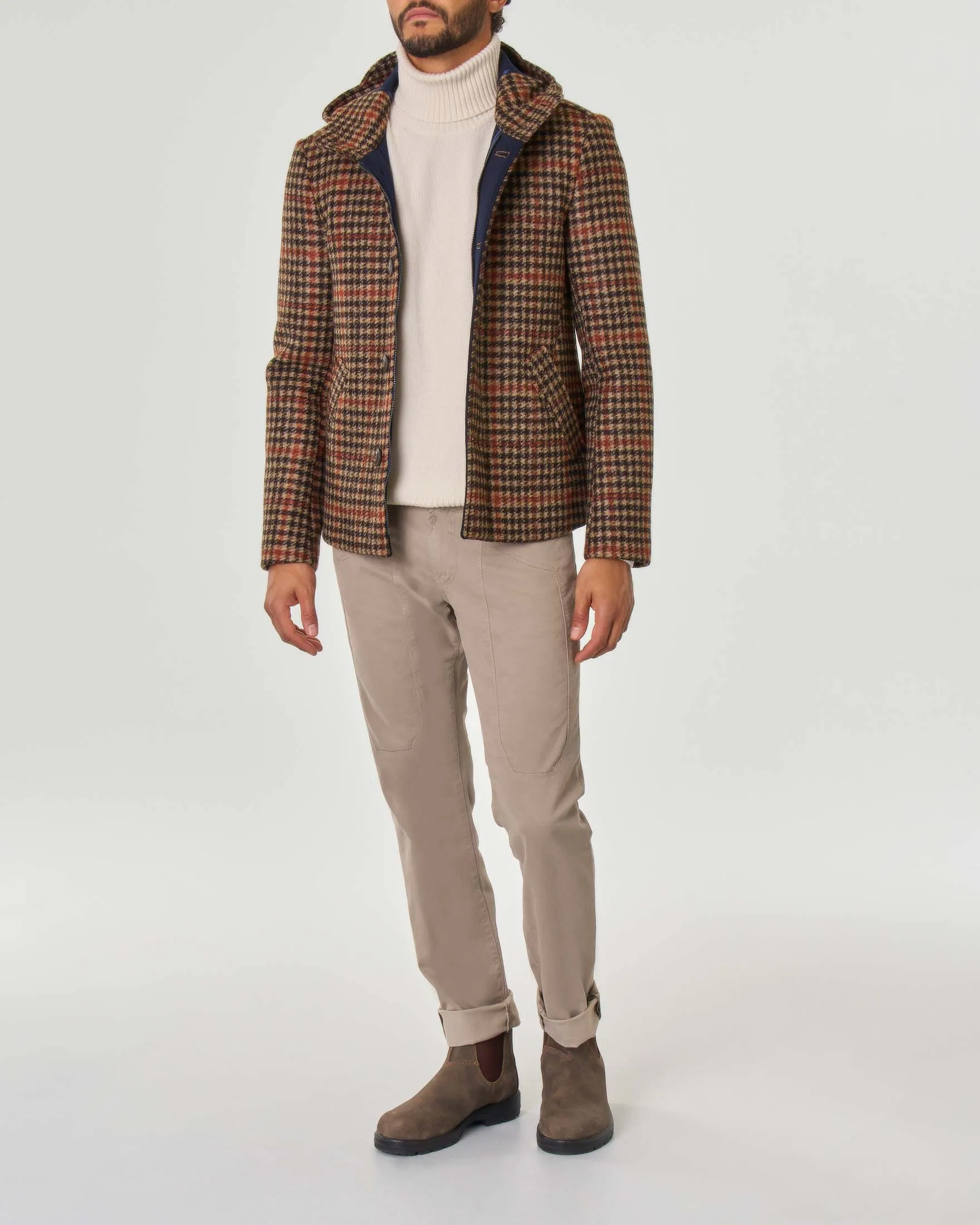 Giubbino beige nero e arancio in fantasia check pied de coque in panno di lana cotta con cappuccio