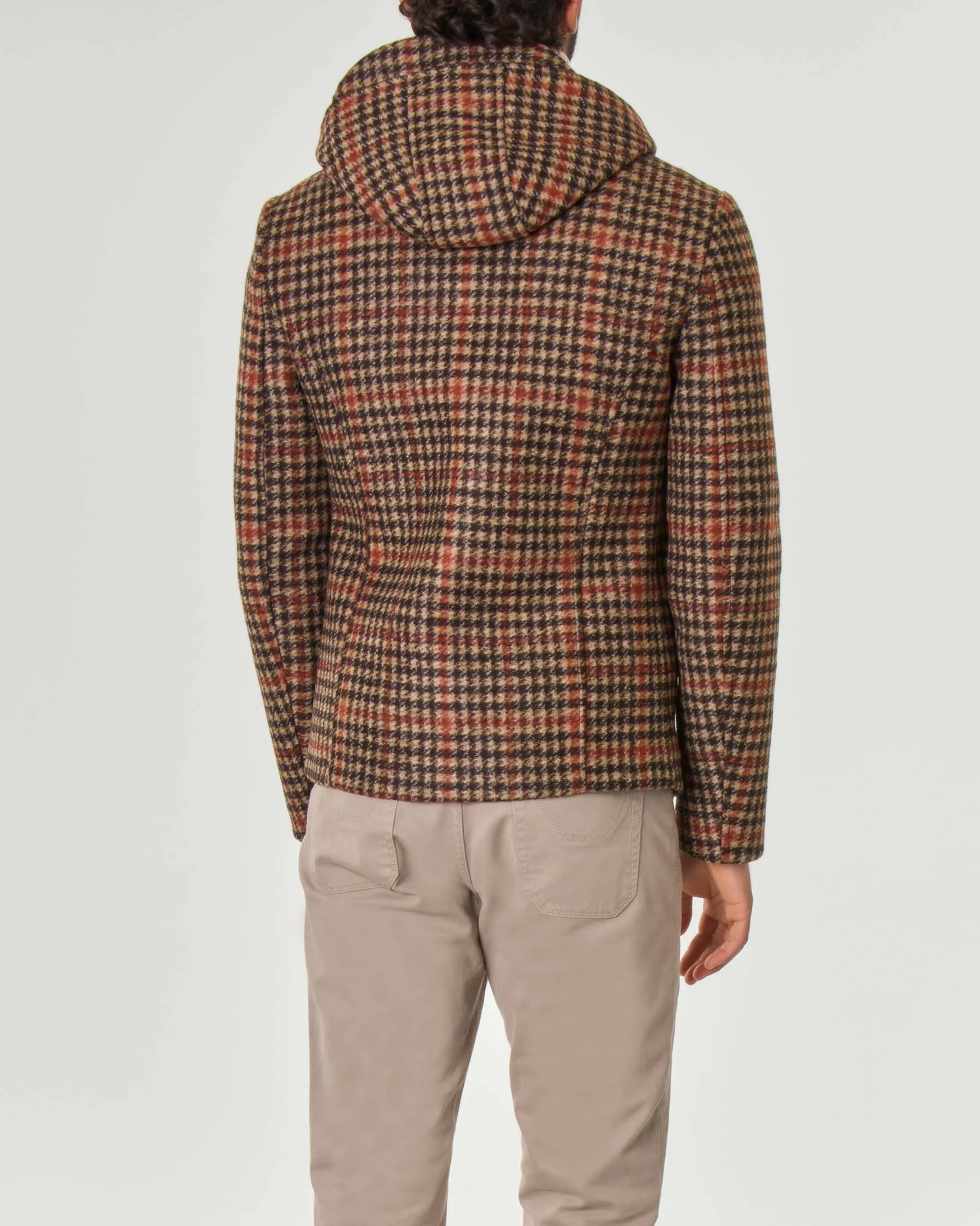Giubbino beige nero e arancio in fantasia check pied de coque in panno di lana cotta con cappuccio