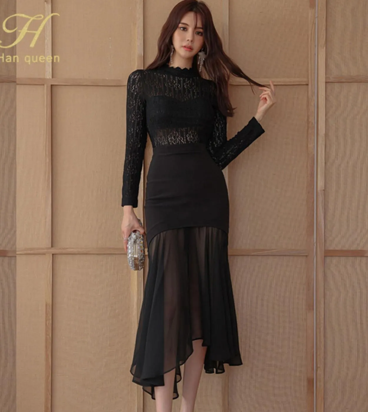 H Han Queen New Autumn Chiffon Splicing Lace Abito a sirena irregolare Abiti eleganti Abiti lunghi da party neri