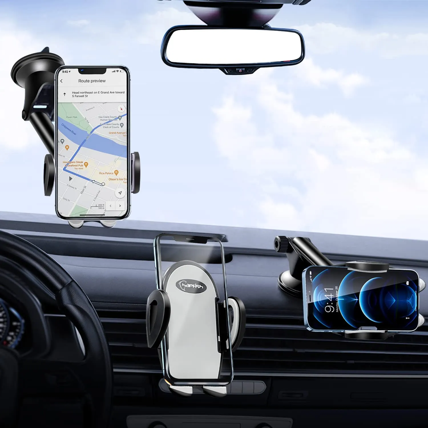Hapfish Porta Cellulare da Auto,3 in 1 Supporto Telefono Auto Universale per Cruscotto e Parabrezza e Bocchetta Dell’aria, 360°d