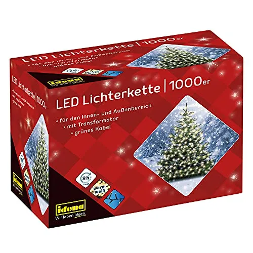 Idena 30188 - Catena luminosa LED con 1000 LED in bianco caldo, con funzione timer 8 ore e trasformatore, lunga circa 25 m, per 