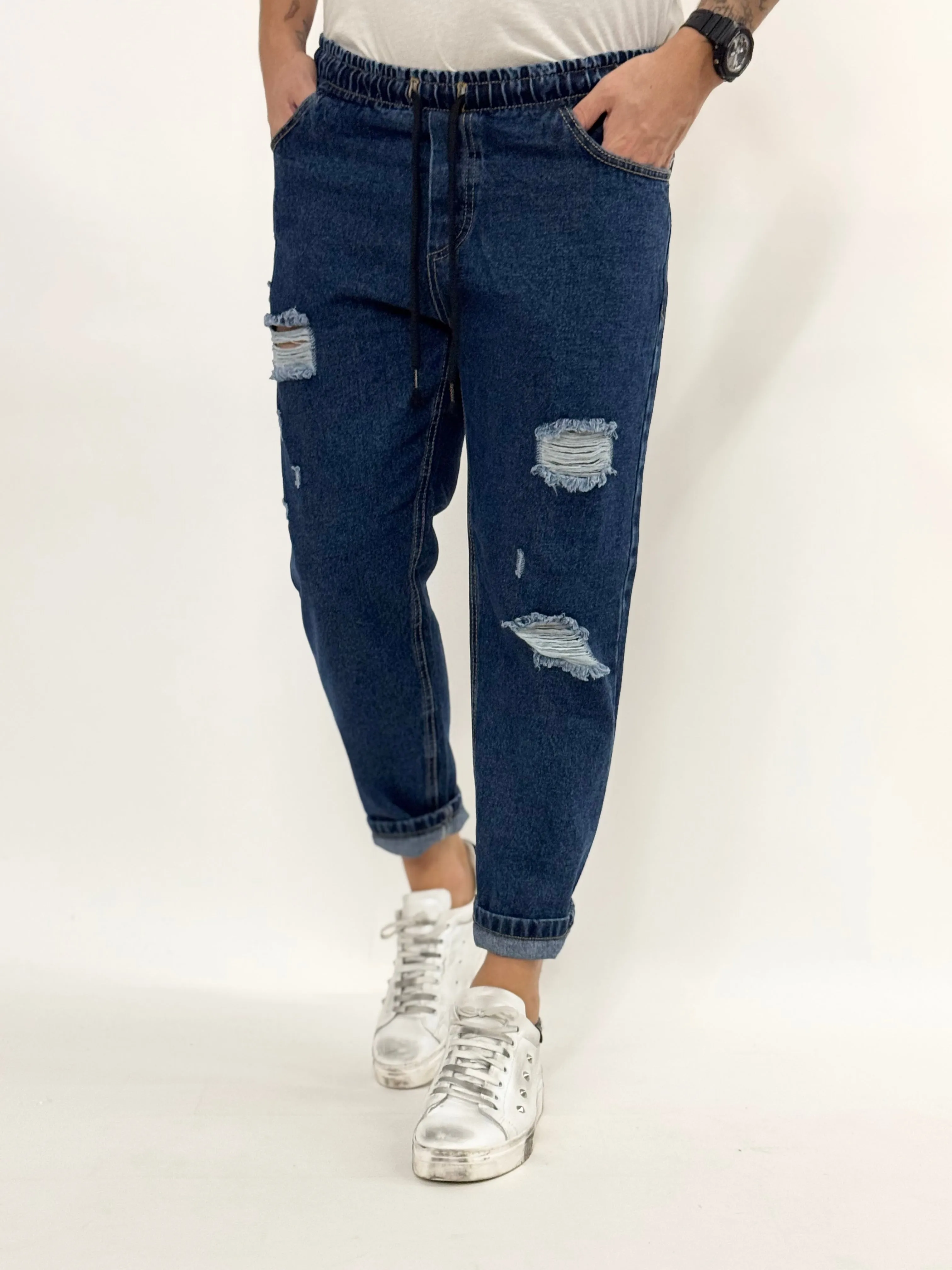 Jeans U.P con laccetto rotture scuro