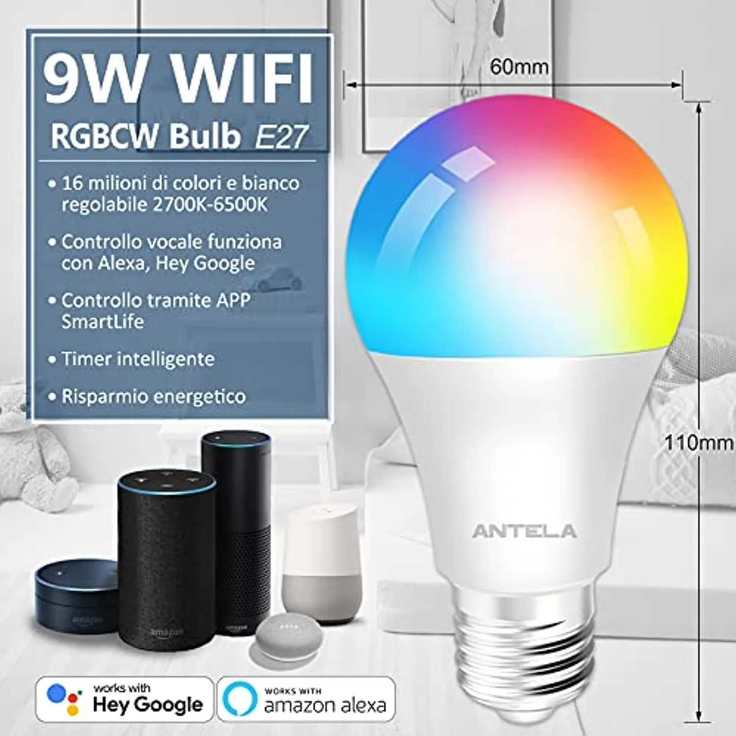 Lampadine LED Alexa Inteligente WiFi E27, Dimmerabile Lampadina ANTELA Smart 9W 806ML 80W equivalente, RGB & 2700K-6500K bianco 
