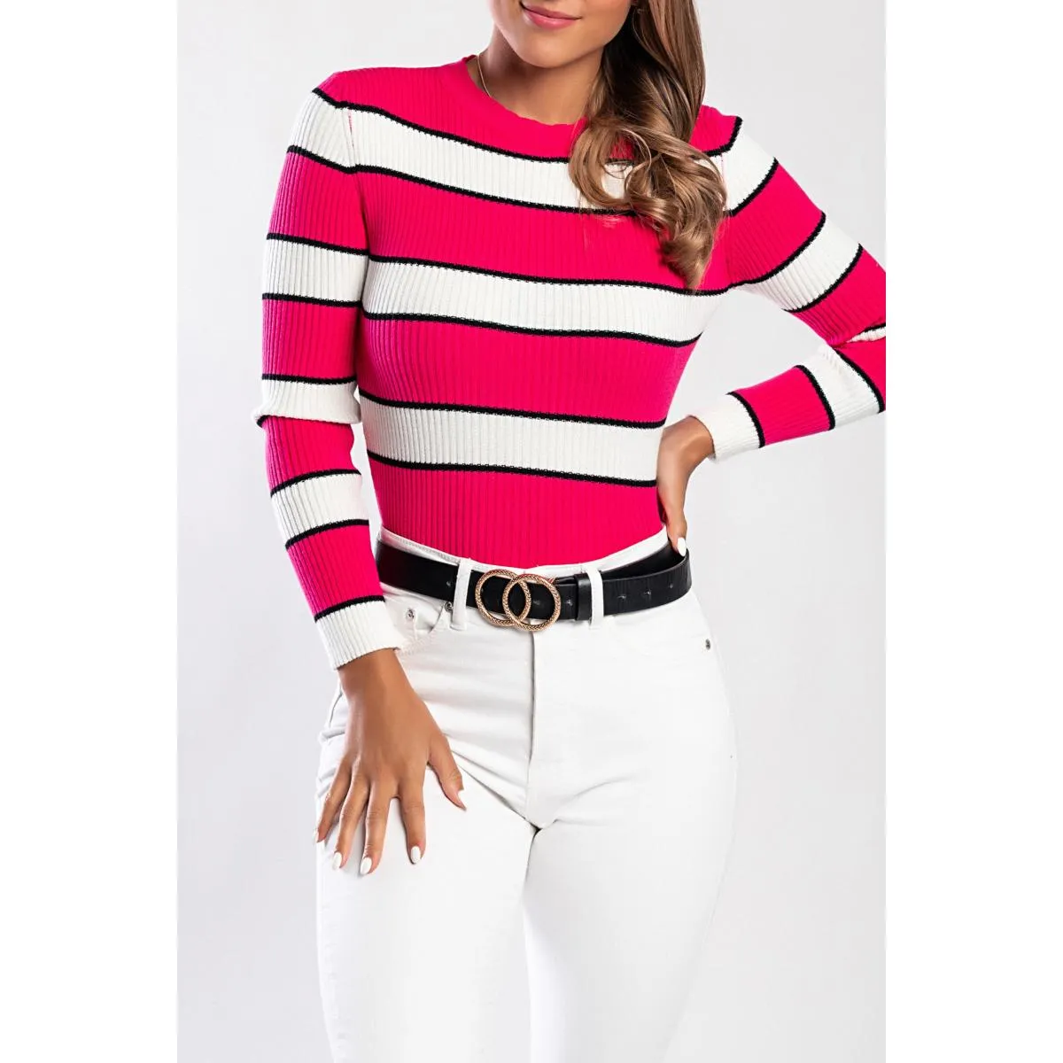 Maglietta in maglia con motivo a righe, fucsia