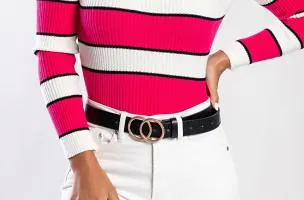 Maglietta in maglia con motivo a righe, fucsia