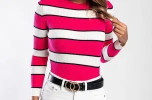 Maglietta in maglia con motivo a righe, fucsia