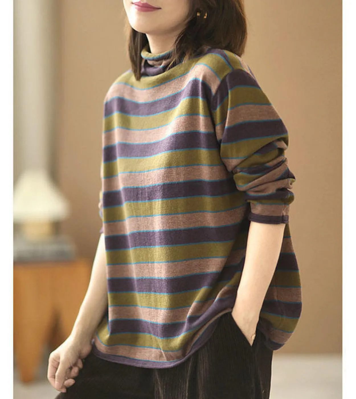 Maglione a collo alto allentato a maniche lunghe da donna stile autunno inverno New Arts Maglione lavorato a maglia a righe casu