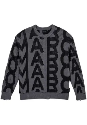 Maglione effetto vissuto con monogramma in nero e grigio - donna