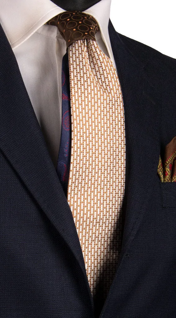 Man Silk Tie White Beige Pattern Brown Rust Contrast Knot N3159