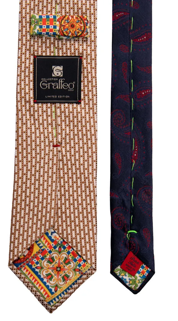Man Silk Tie White Beige Pattern Brown Rust Contrast Knot N3159