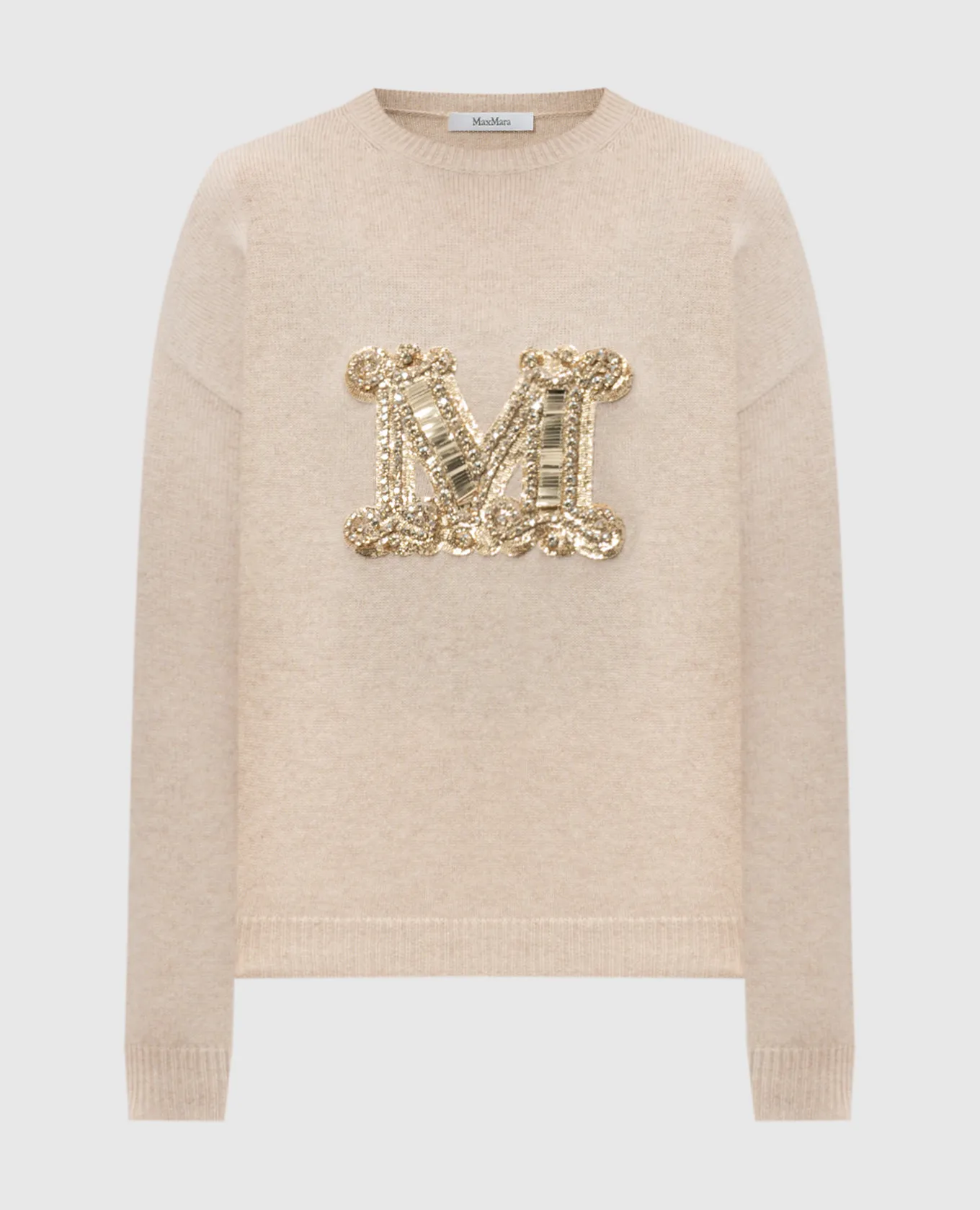 Max Mara Maglia VICOLO beige in lana e cashmere con monogramma di cristalli e paillettes VICOLO