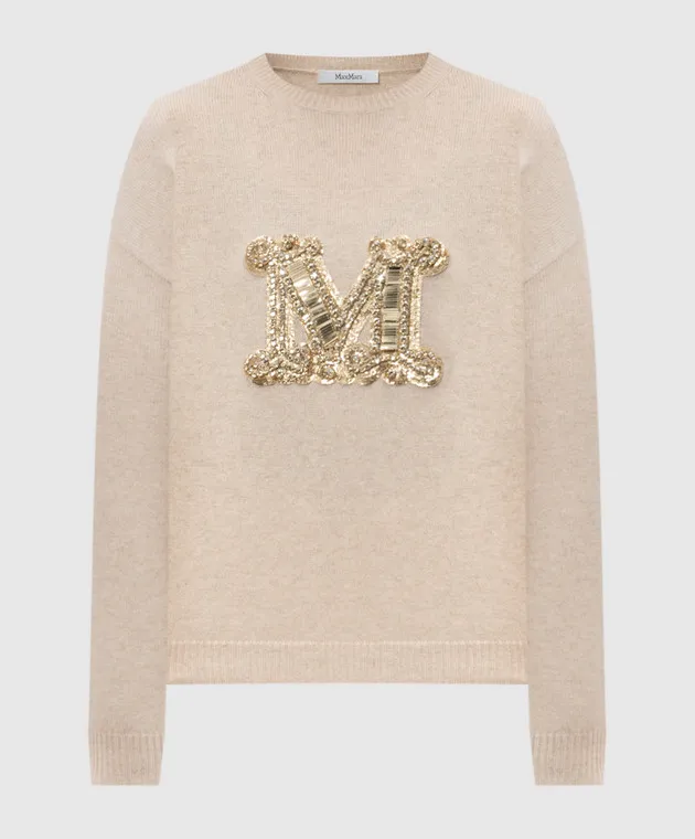 Max Mara Maglia VICOLO beige in lana e cashmere con monogramma di cristalli e paillettes VICOLO