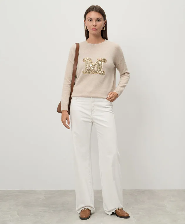 Max Mara Maglia VICOLO beige in lana e cashmere con monogramma di cristalli e paillettes VICOLO