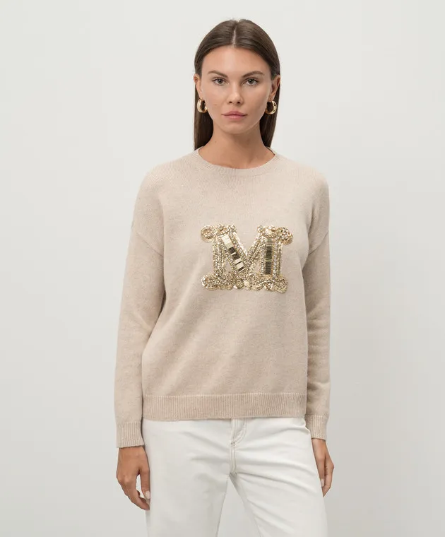 Max Mara Maglia VICOLO beige in lana e cashmere con monogramma di cristalli e paillettes VICOLO