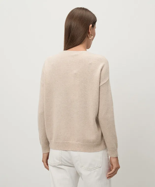 Max Mara Maglia VICOLO beige in lana e cashmere con monogramma di cristalli e paillettes VICOLO