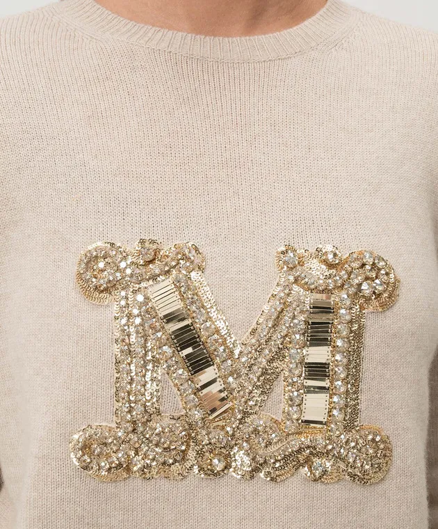 Max Mara Maglia VICOLO beige in lana e cashmere con monogramma di cristalli e paillettes VICOLO