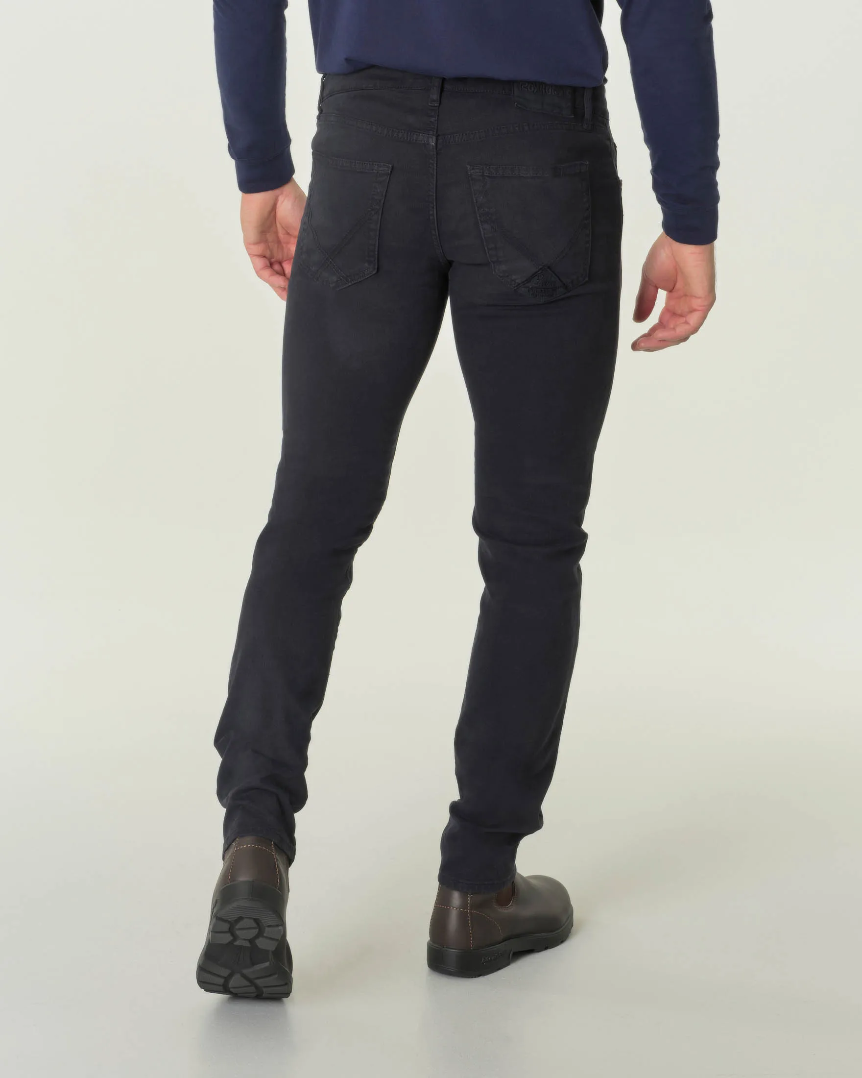 Pantalone blu cinque tasche in tessuto diagonale di cotone stretch
