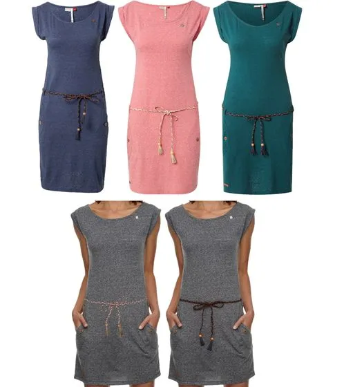 ragwear Tag abito chic da donna in jersey Peta-Approved con girocollo moda vegana in turchese, rosa, blu o grigio