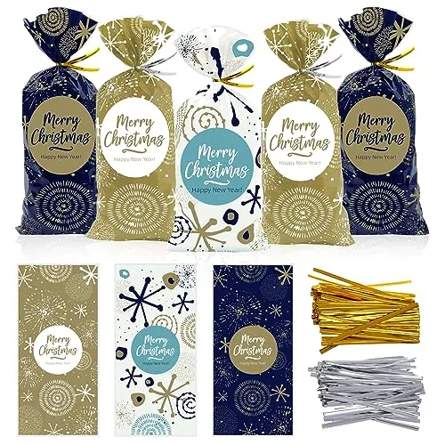 Sacchetti Biscotti Natale 120pcs, Buste Alimentari per Biscotti Natalizi, Plastica Sacchetto Regalo Sacchettini Natalizio con Cr