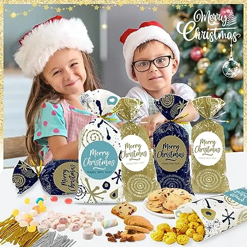 Sacchetti Biscotti Natale 120pcs, Buste Alimentari per Biscotti Natalizi, Plastica Sacchetto Regalo Sacchettini Natalizio con Cr