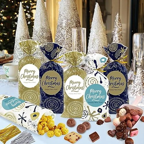 Sacchetti Biscotti Natale 120pcs, Buste Alimentari per Biscotti Natalizi, Plastica Sacchetto Regalo Sacchettini Natalizio con Cr
