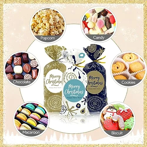 Sacchetti Biscotti Natale 120pcs, Buste Alimentari per Biscotti Natalizi, Plastica Sacchetto Regalo Sacchettini Natalizio con Cr