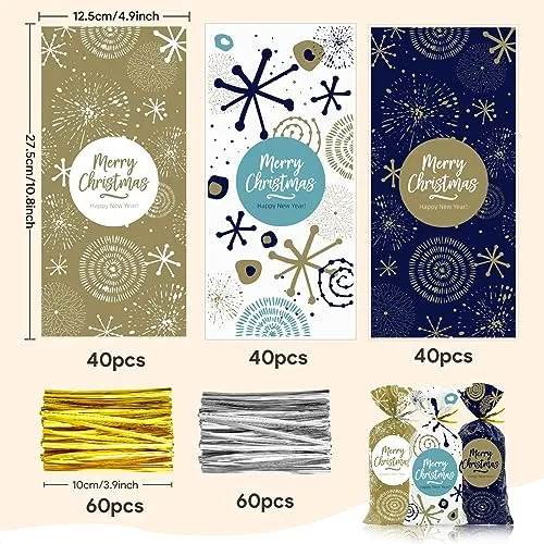 Sacchetti Biscotti Natale 120pcs, Buste Alimentari per Biscotti Natalizi, Plastica Sacchetto Regalo Sacchettini Natalizio con Cr