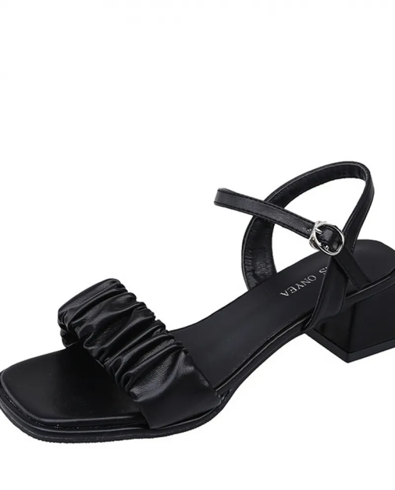 Sandali Delle Donne 2022 Nuova Estate Scarpe Tacco Medio Pieghettato Sandali Tacco Grosso Una Parola Cintura Singole Scarpe Donn